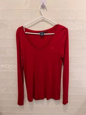 Ralph Lauren Women's Red V-Neck Long Sleeve Top